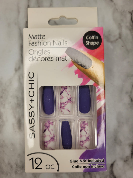 Sassy and Chic Matte Fashion Press-on Nails Purple/White Marble